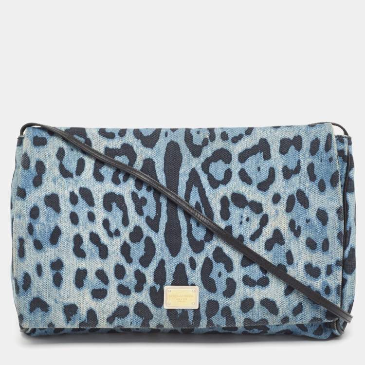 Pre Owned Dolce & Gabbana Blue/Black Leopard Print Denim Flap Shoulder Bag
