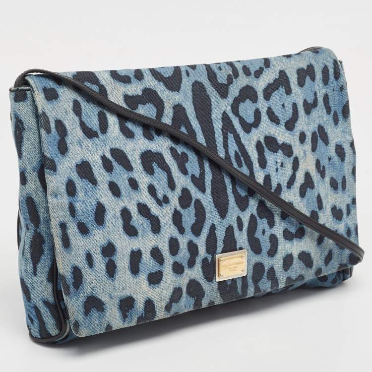 Pre Owned Dolce & Gabbana Blue/Black Leopard Print Denim Flap Shoulder Bag