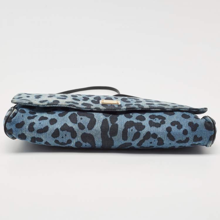 Pre Owned Dolce & Gabbana Blue/Black Leopard Print Denim Flap Shoulder Bag