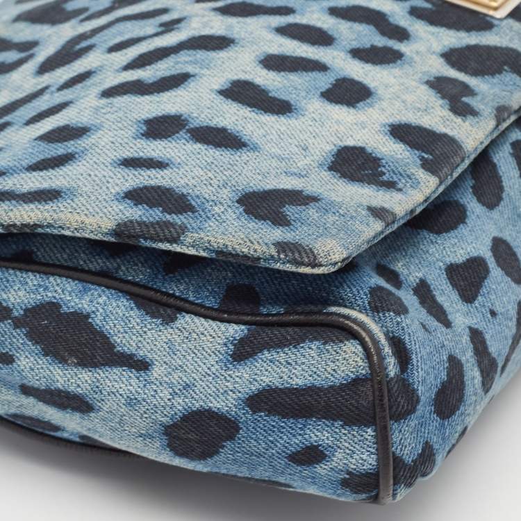 Pre Owned Dolce & Gabbana Blue/Black Leopard Print Denim Flap Shoulder Bag