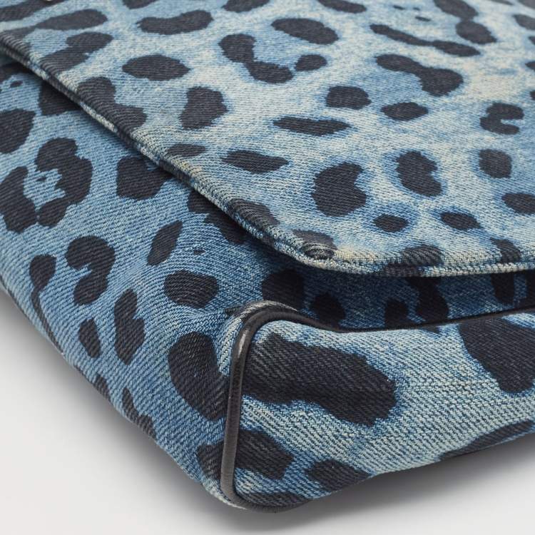 Pre Owned Dolce & Gabbana Blue/Black Leopard Print Denim Flap Shoulder Bag