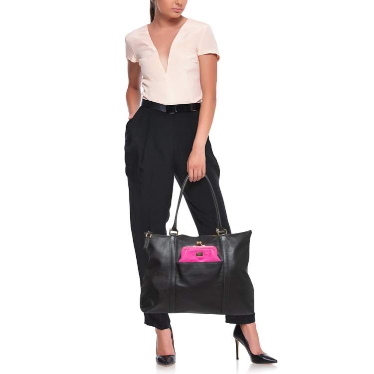 Pre Owned Dolce & Gabbana Black/Pink Leather Front Pouch Tote