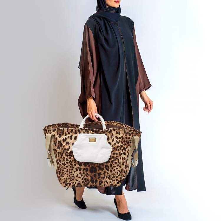 Pre Owned Dolce & Gabbana Brown/Black Leopard Print Fabric Front Pouch Tote