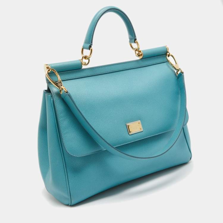 Pre Owned Dolce & Gabbana Light Blue Leather Large Miss Sicily Top Handle Bag