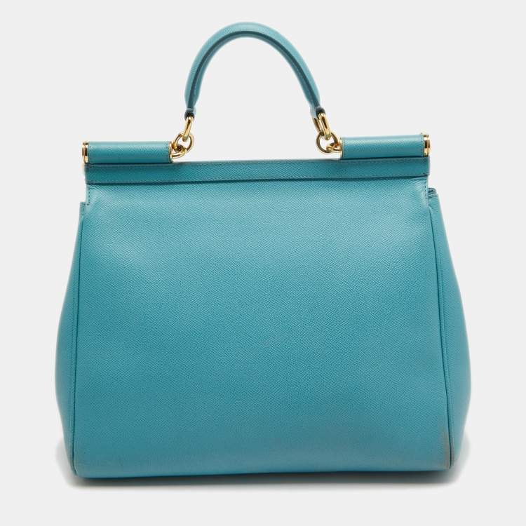 Pre Owned Dolce & Gabbana Light Blue Leather Large Miss Sicily Top Handle Bag