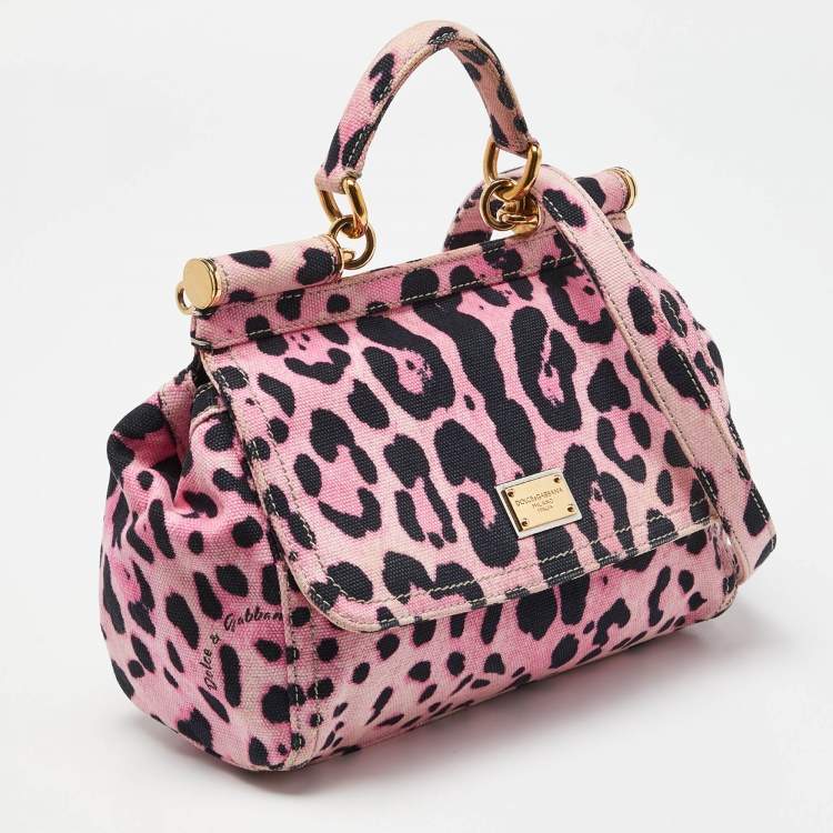 مملوكة مسبقًا Dolce & Gabbana Pink/Black Leopard Print Canvas Medium Miss Sicily Top Handle Bag