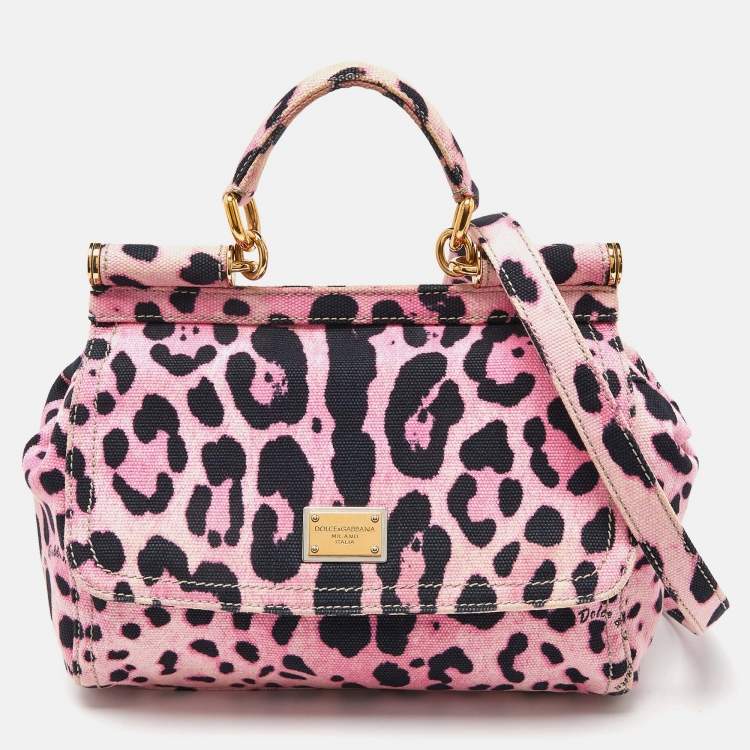 مملوكة مسبقًا Dolce & Gabbana Pink/Black Leopard Print Canvas Medium Miss Sicily Top Handle Bag