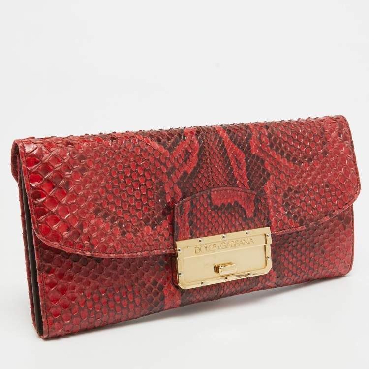 Pre Owned Dolce & Gabbana Red/Black Python Pushlock Flap Clutch Bag