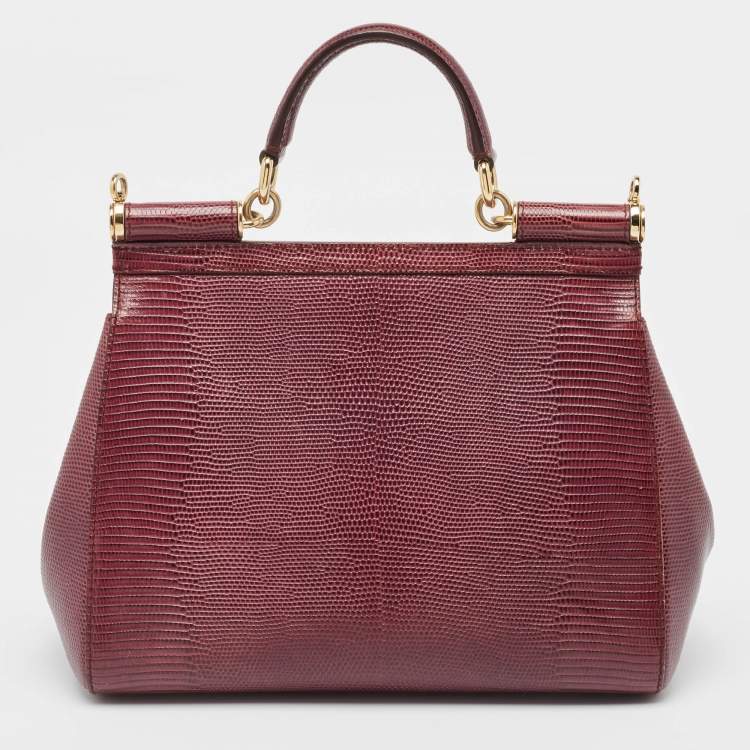 Pre Owned Dolce & Gabbana Burgundy Lizard Embossed Leather Medium Miss Sicily Top Handle Bag