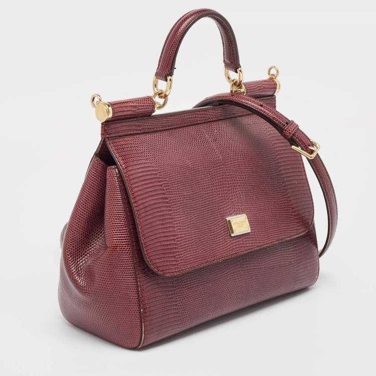 Pre Owned Dolce & Gabbana Burgundy Lizard Embossed Leather Medium Miss Sicily Top Handle Bag