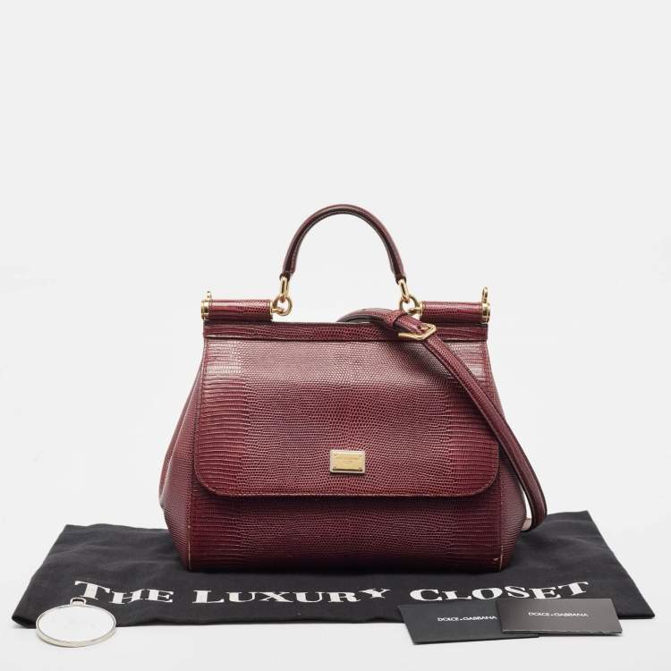 Pre Owned Dolce & Gabbana Burgundy Lizard Embossed Leather Medium Miss Sicily Top Handle Bag