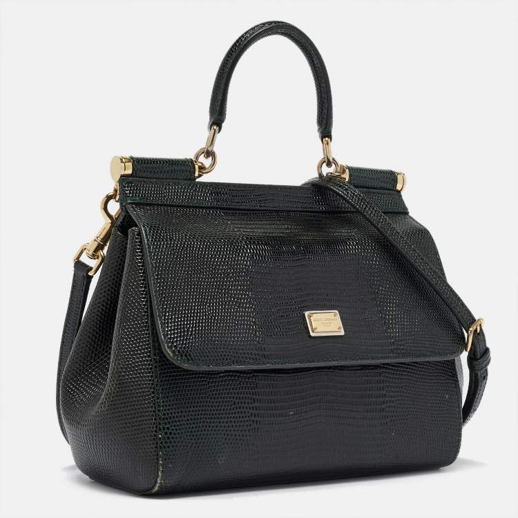 Pre Owned Dolce & Gabbana Green Lizard Embossed Leather Small Miss Sicily Top Handle Bag