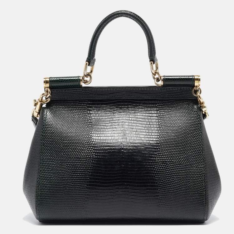 Pre Owned Dolce & Gabbana Green Lizard Embossed Leather Small Miss Sicily Top Handle Bag