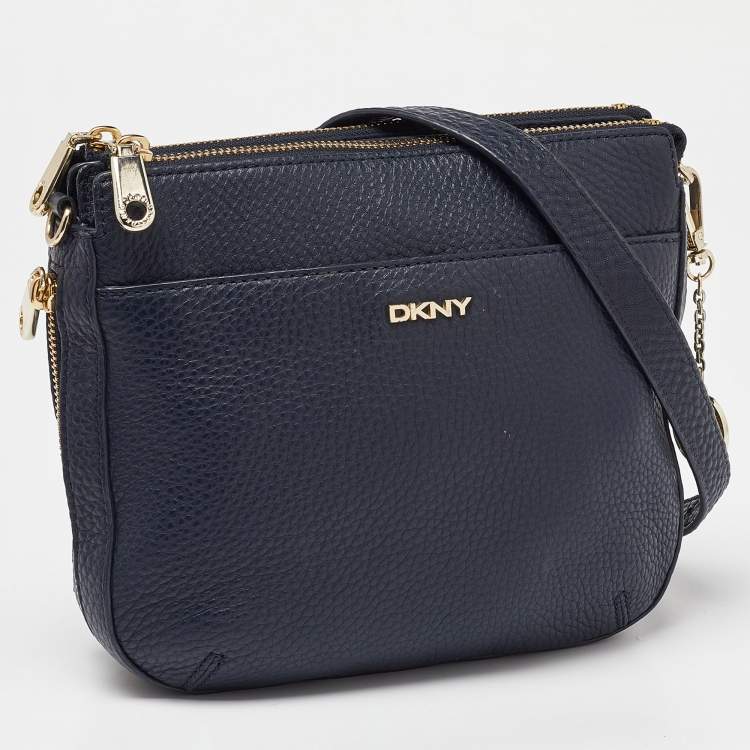 Pre Owned DKNY Navy Blue Leather Zip Crossbody Bag