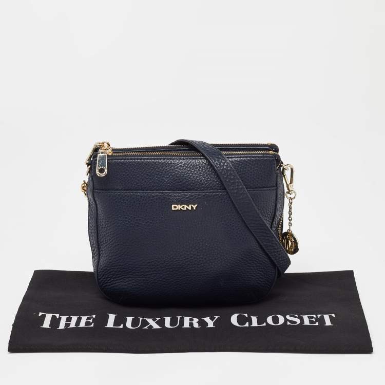 Pre Owned DKNY Navy Blue Leather Zip Crossbody Bag