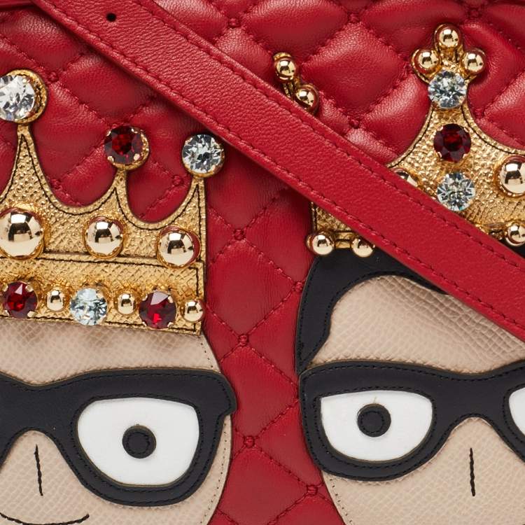 Pre Owned Dolce & Gabbana Red Leather Glam Embellished Camera Bag