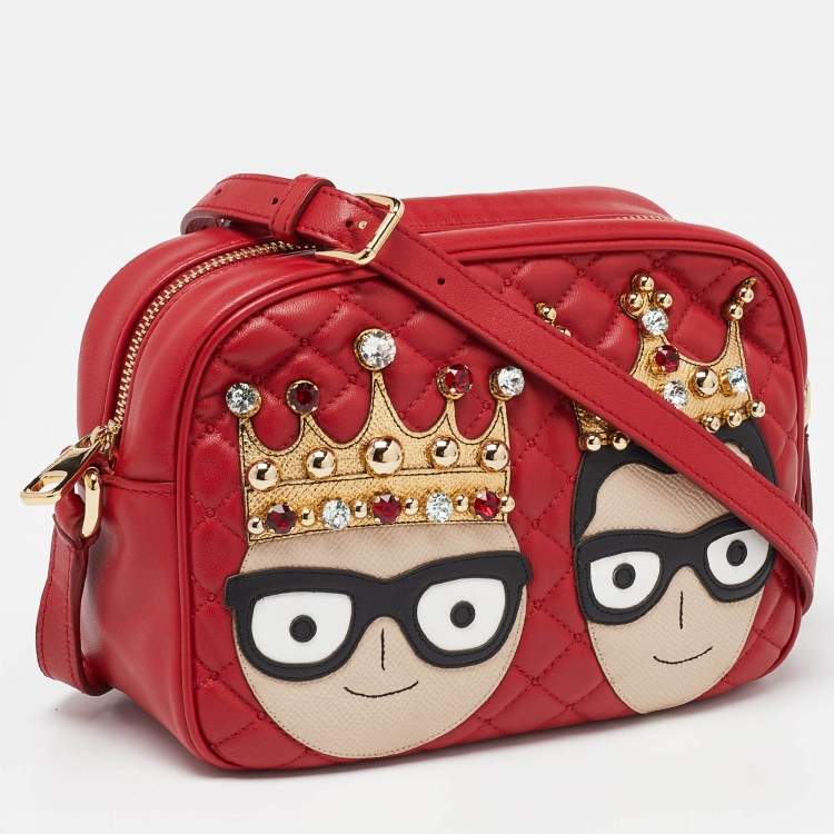 Pre Owned Dolce & Gabbana Red Leather Glam Embellished Camera Bag