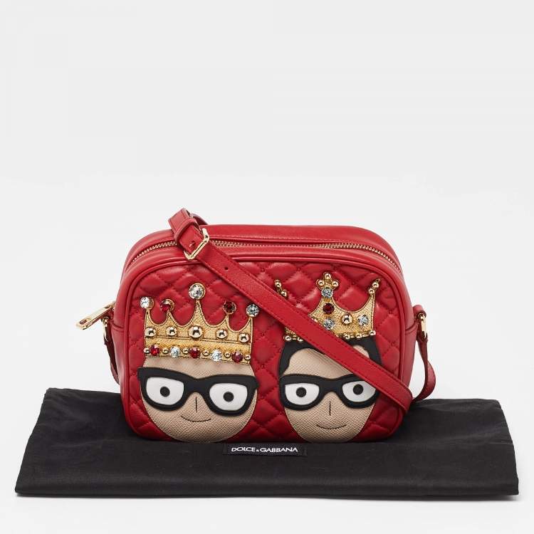 Pre Owned Dolce & Gabbana Red Leather Glam Embellished Camera Bag