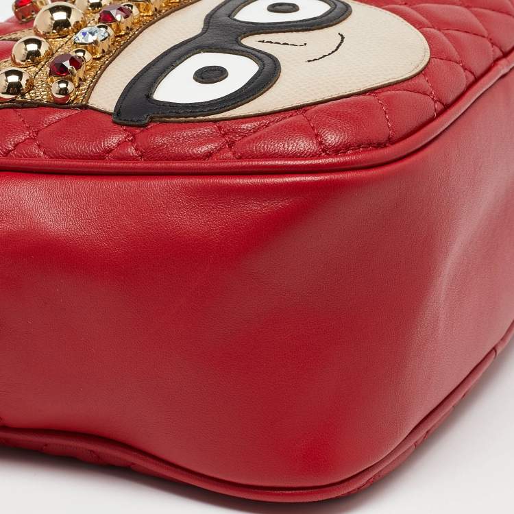 Pre Owned Dolce & Gabbana Red Leather Glam Embellished Camera Bag