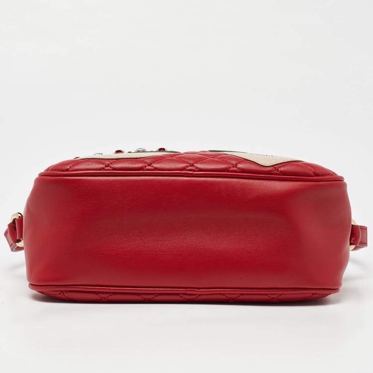 Pre Owned Dolce & Gabbana Red Leather Glam Embellished Camera Bag
