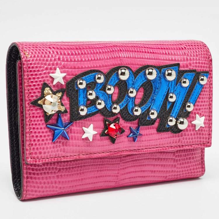 Pre Owned Dolce & Gabbana Pink Lizard Embossed Leather Boom Patch Trifold Wallet