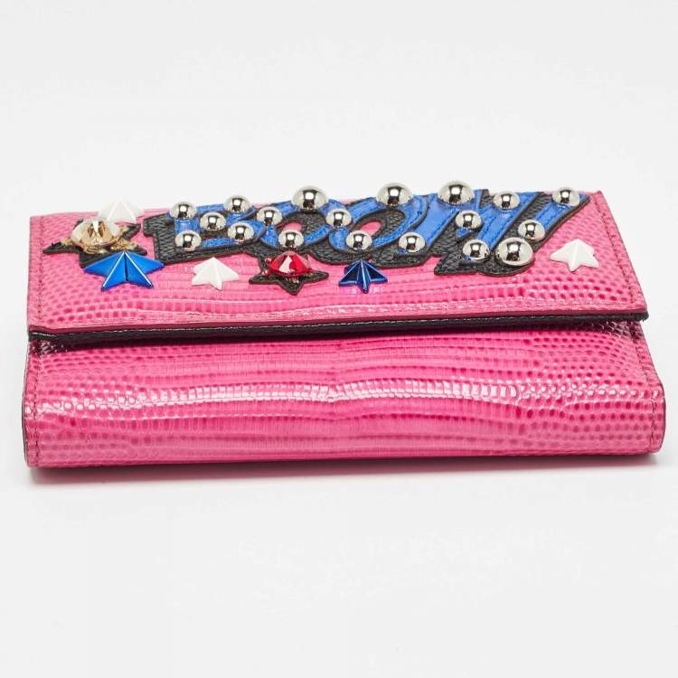 Pre Owned Dolce & Gabbana Pink Lizard Embossed Leather Boom Patch Trifold Wallet