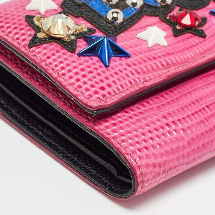 Pre Owned Dolce & Gabbana Pink Lizard Embossed Leather Boom Patch Trifold Wallet