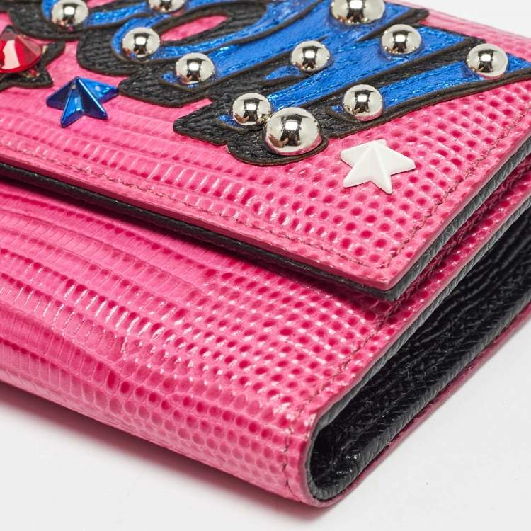 Pre Owned Dolce & Gabbana Pink Lizard Embossed Leather Boom Patch Trifold Wallet