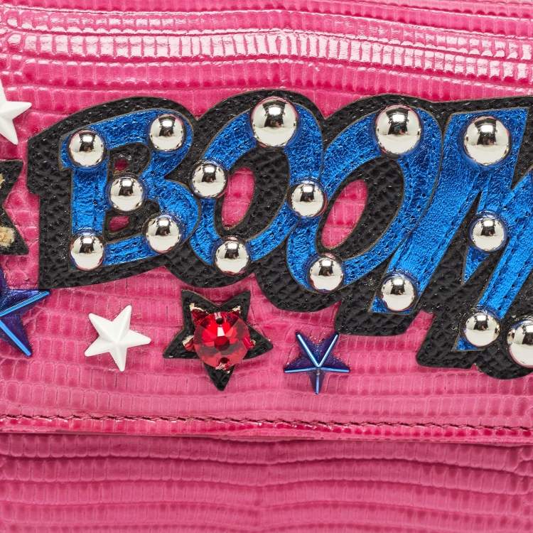 Pre Owned Dolce & Gabbana Pink Lizard Embossed Leather Boom Patch Trifold Wallet