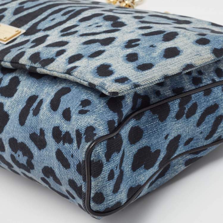 Pre Owned Dolce & Gabbana Blue/Black Leopard Print Denim Flap Shoulder Bag