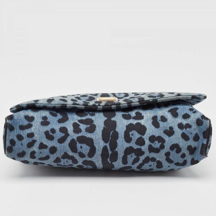 Pre Owned Dolce & Gabbana Blue/Black Leopard Print Denim Flap Shoulder Bag