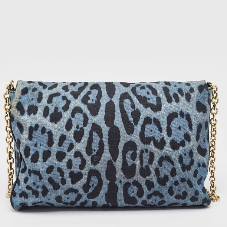 Pre Owned Dolce & Gabbana Blue/Black Leopard Print Denim Flap Shoulder Bag