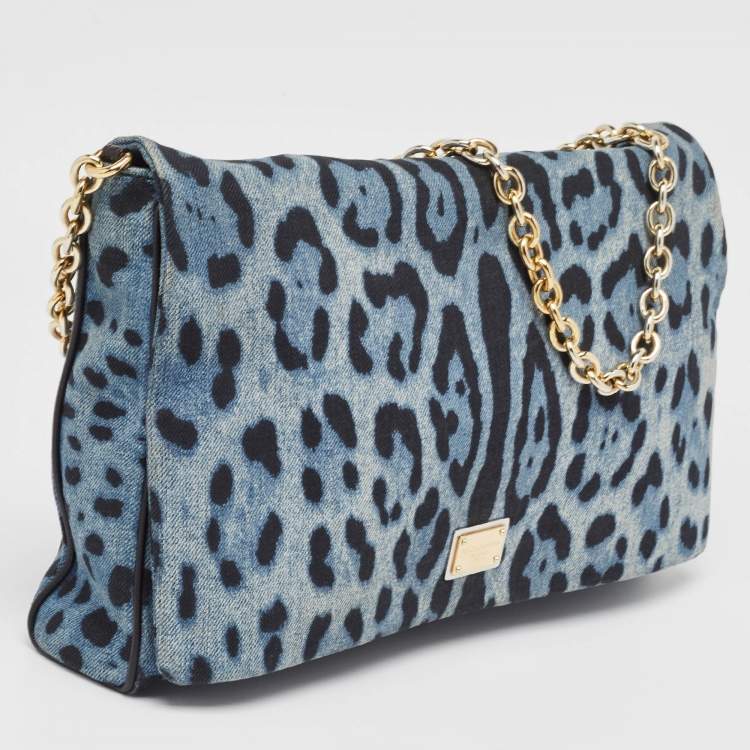 Pre Owned Dolce & Gabbana Blue/Black Leopard Print Denim Flap Shoulder Bag