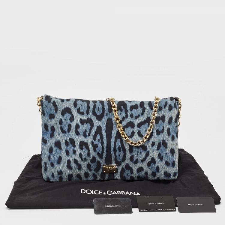 Pre Owned Dolce & Gabbana Blue/Black Leopard Print Denim Flap Shoulder Bag