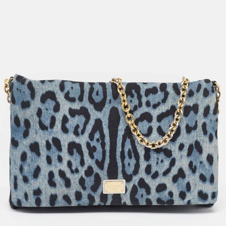 Pre Owned Dolce & Gabbana Blue/Black Leopard Print Denim Flap Shoulder Bag