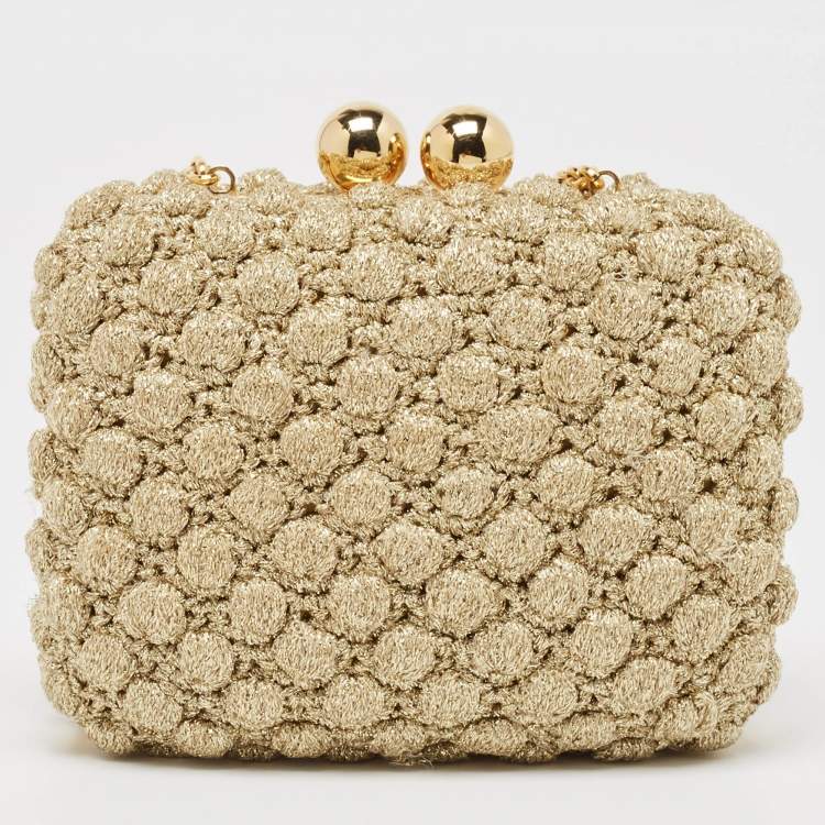 Pre Owned Dolce & Gabbana Gold Lurex Fabric Kiss Lock Frame Chain Clutch