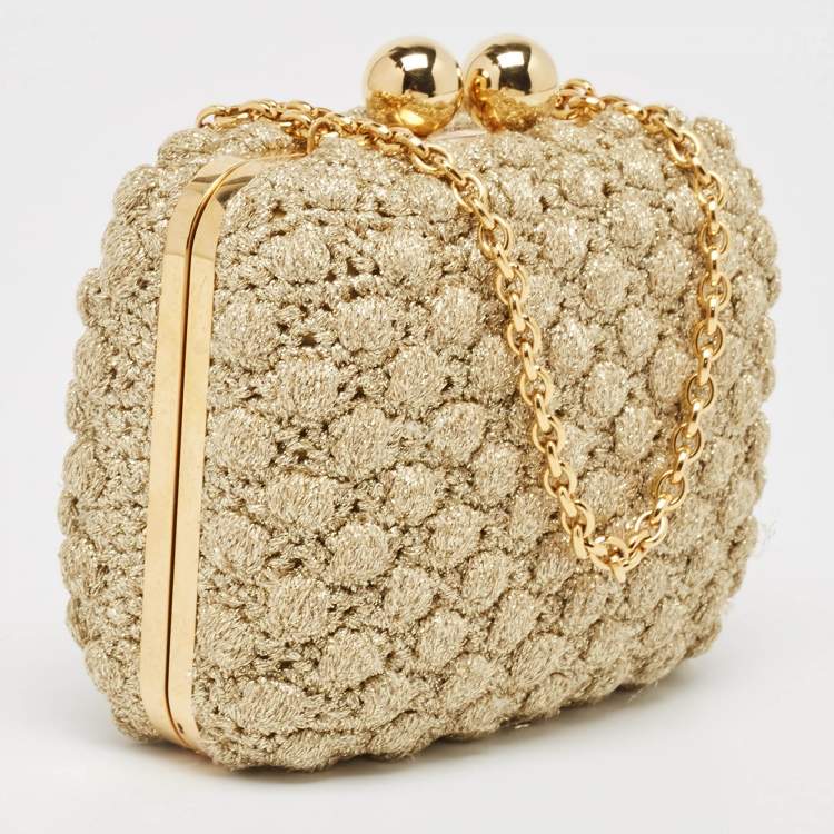 Pre Owned Dolce & Gabbana Gold Lurex Fabric Kiss Lock Frame Chain Clutch