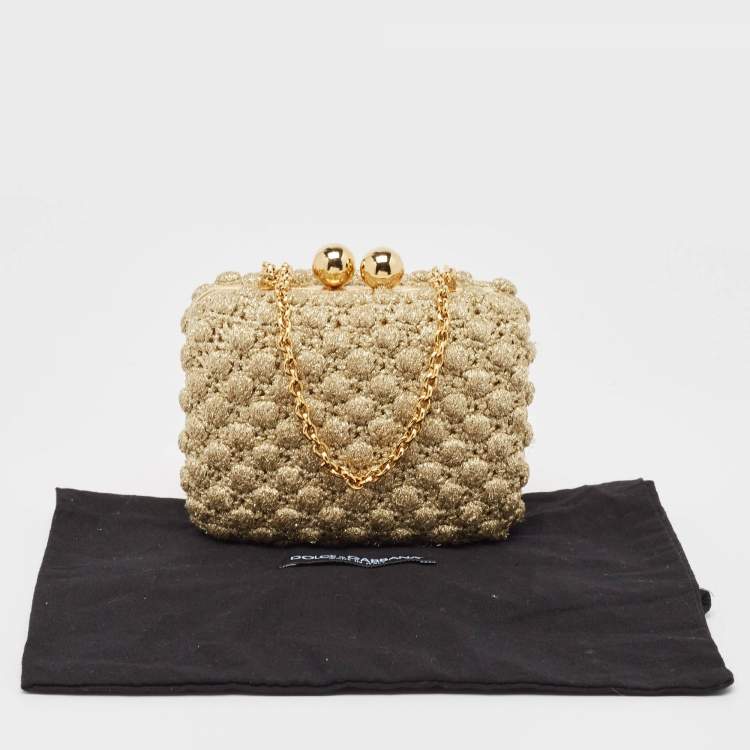 Pre Owned Dolce & Gabbana Gold Lurex Fabric Kiss Lock Frame Chain Clutch