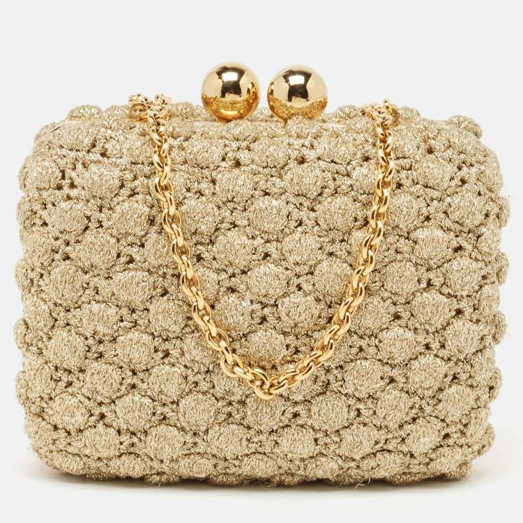 Pre Owned Dolce & Gabbana Gold Lurex Fabric Kiss Lock Frame Chain Clutch