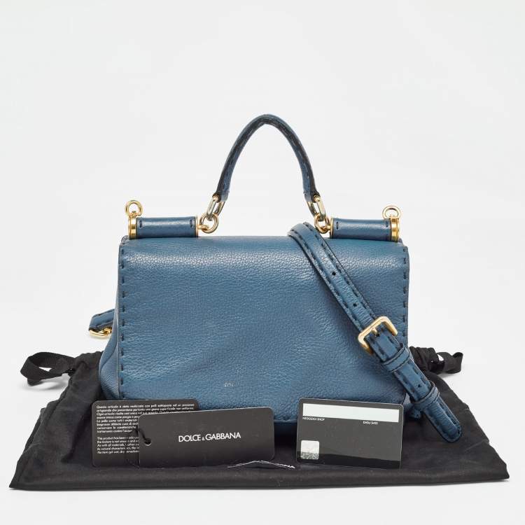 Pre Owned Dolce & Gabbana Teal Leather Medium Stitched Sicily Top Handle Bag
