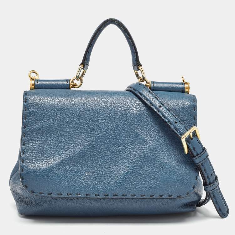 Pre Owned Dolce & Gabbana Teal Leather Medium Stitched Sicily Top Handle Bag