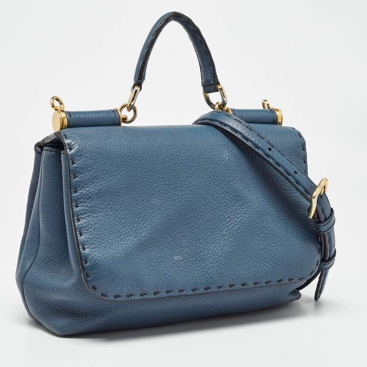 Pre Owned Dolce & Gabbana Teal Leather Medium Stitched Sicily Top Handle Bag