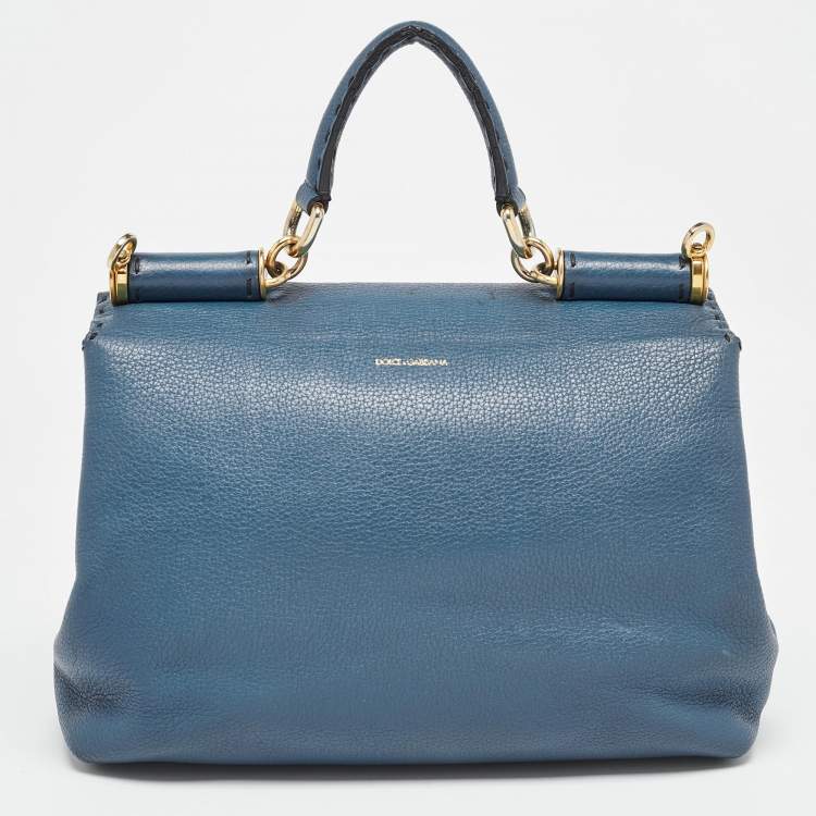 Pre Owned Dolce & Gabbana Teal Leather Medium Stitched Sicily Top Handle Bag