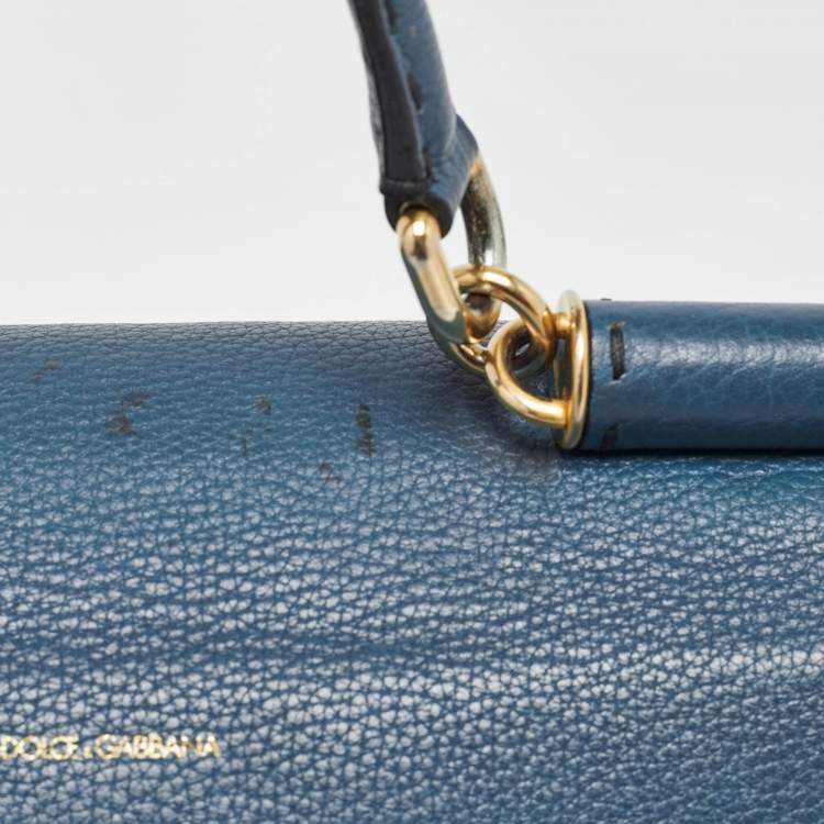 Pre Owned Dolce & Gabbana Teal Leather Medium Stitched Sicily Top Handle Bag