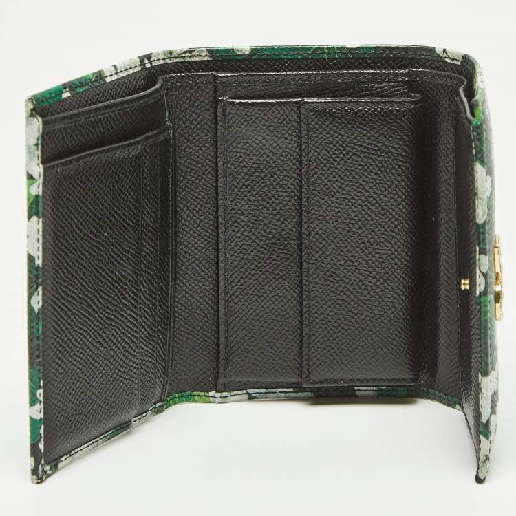 Pre Owned Dolce & Gabbana Green Floral Printed Leather DG Crystals Trifold Wallet