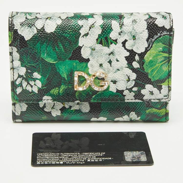 Pre Owned Dolce & Gabbana Green Floral Printed Leather DG Crystals Trifold Wallet