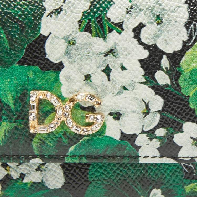 Pre Owned Dolce & Gabbana Green Floral Printed Leather DG Crystals Trifold Wallet