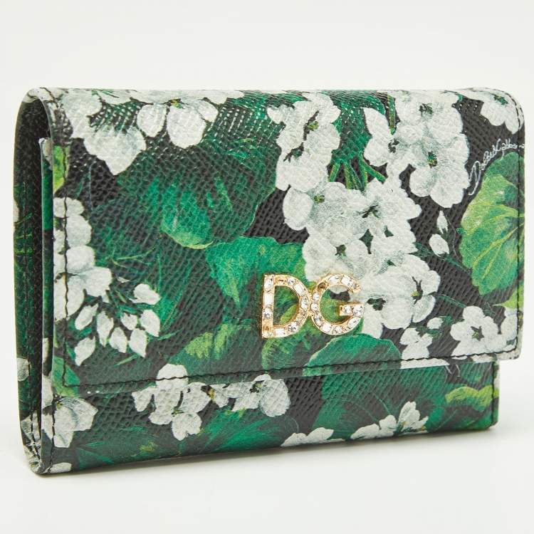 Pre Owned Dolce & Gabbana Green Floral Printed Leather DG Crystals Trifold Wallet