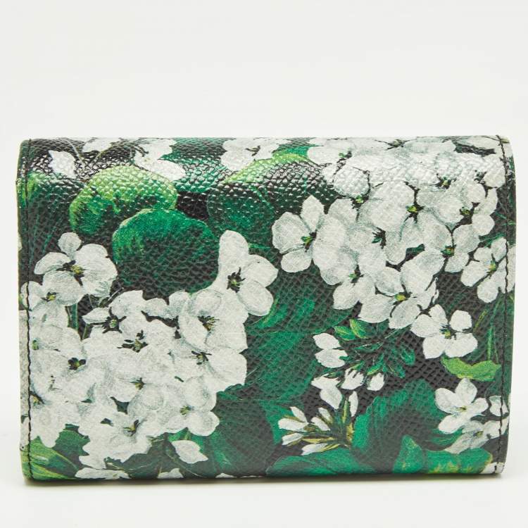 Pre Owned Dolce & Gabbana Green Floral Printed Leather DG Crystals Trifold Wallet