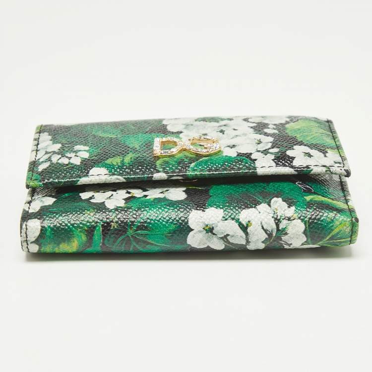 Pre Owned Dolce & Gabbana Green Floral Printed Leather DG Crystals Trifold Wallet